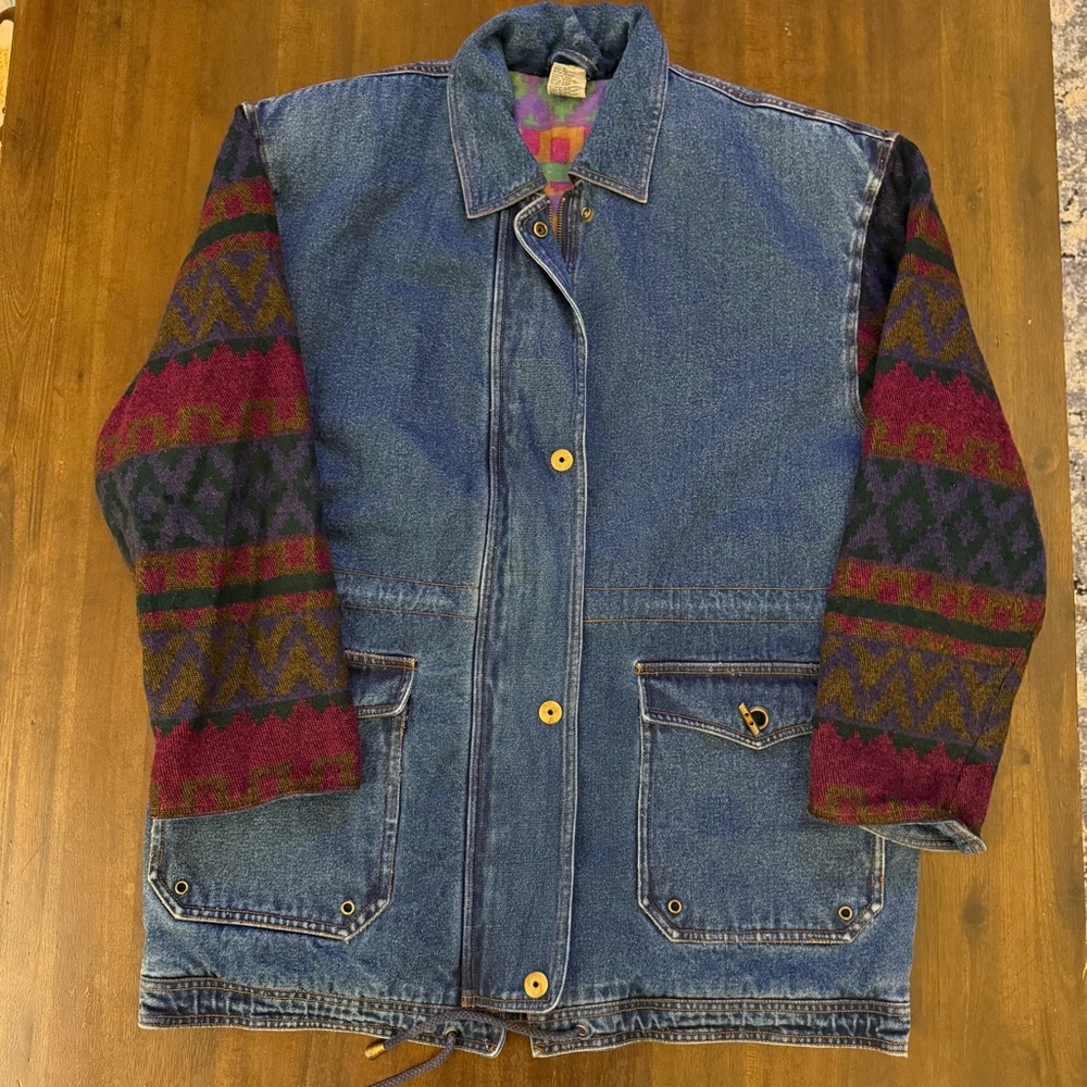 Vintage Out Brook Denim Jacket Southwestern‎ Jacquard Knit Sleeves Boho Medium M